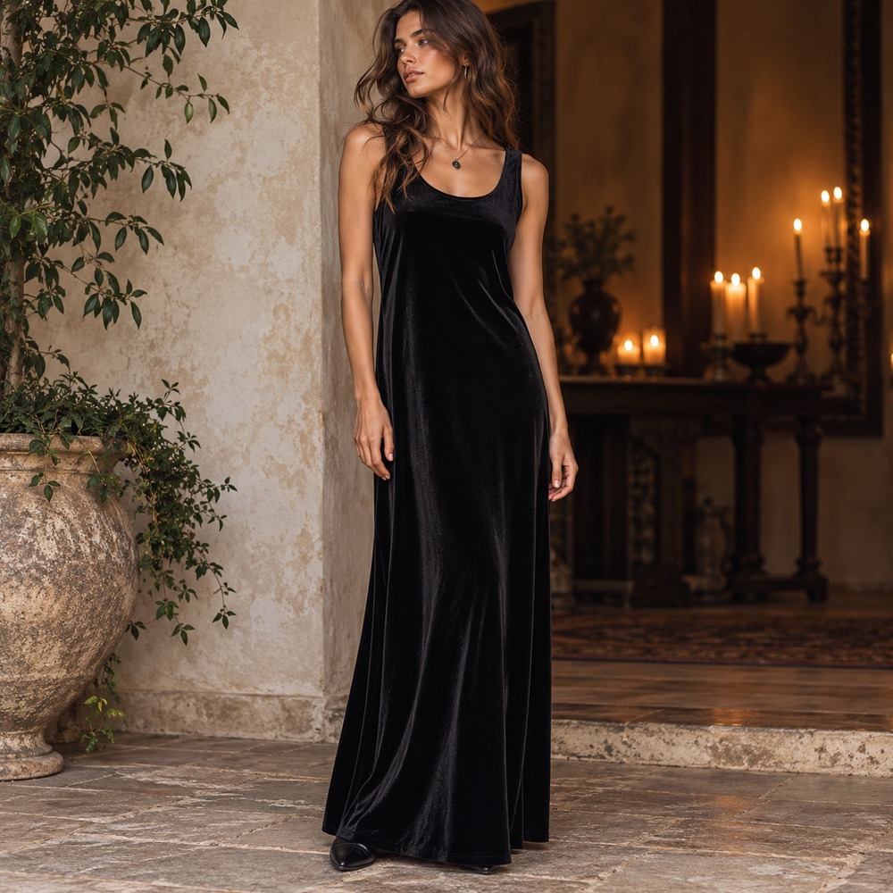 Vintage 90s Velvet Sheath Maxi Dress Sz 10 Black Sleeveless Goth Dark Romantic